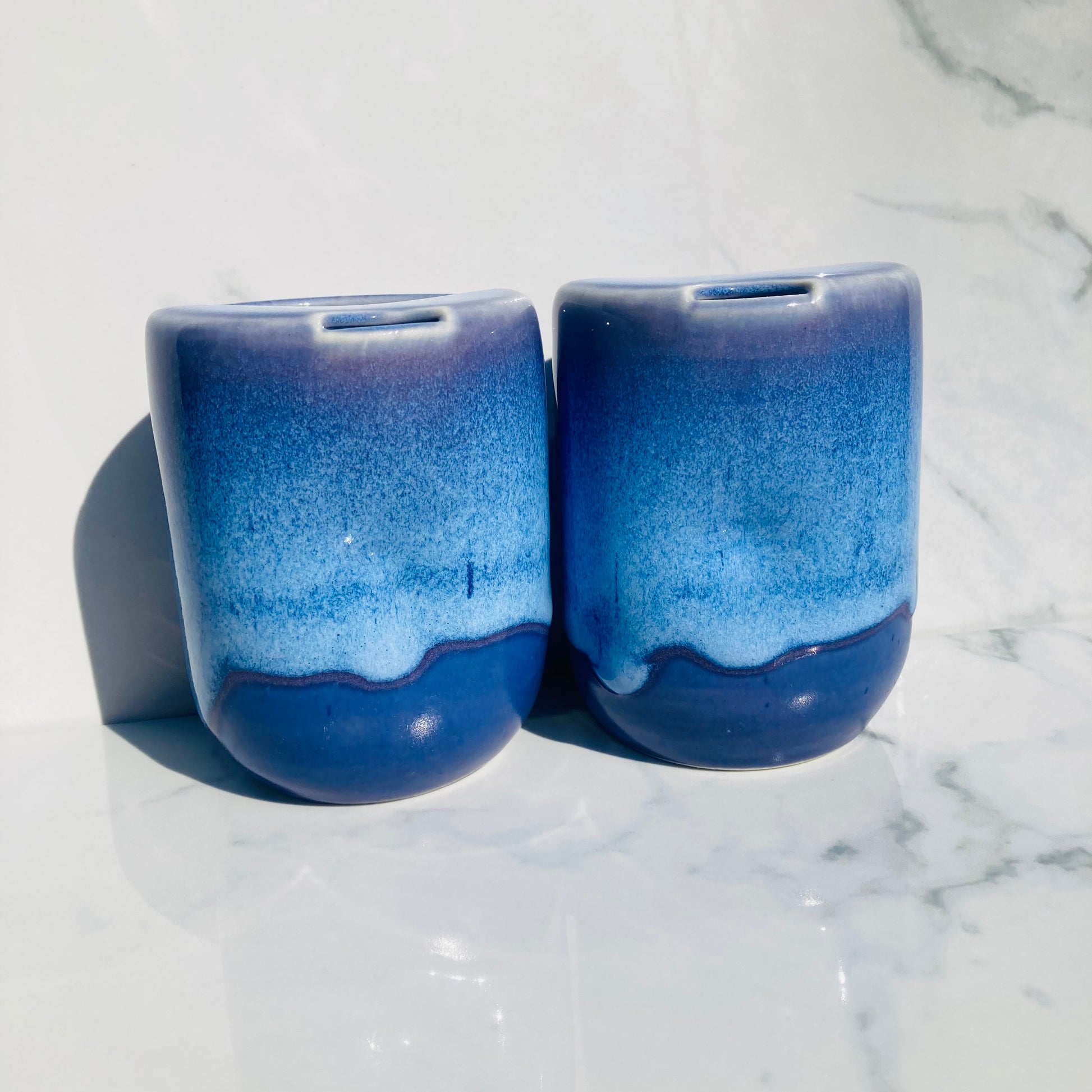 Healthy non-toxic adult sippy cup travel mug with indigo reactive glaze