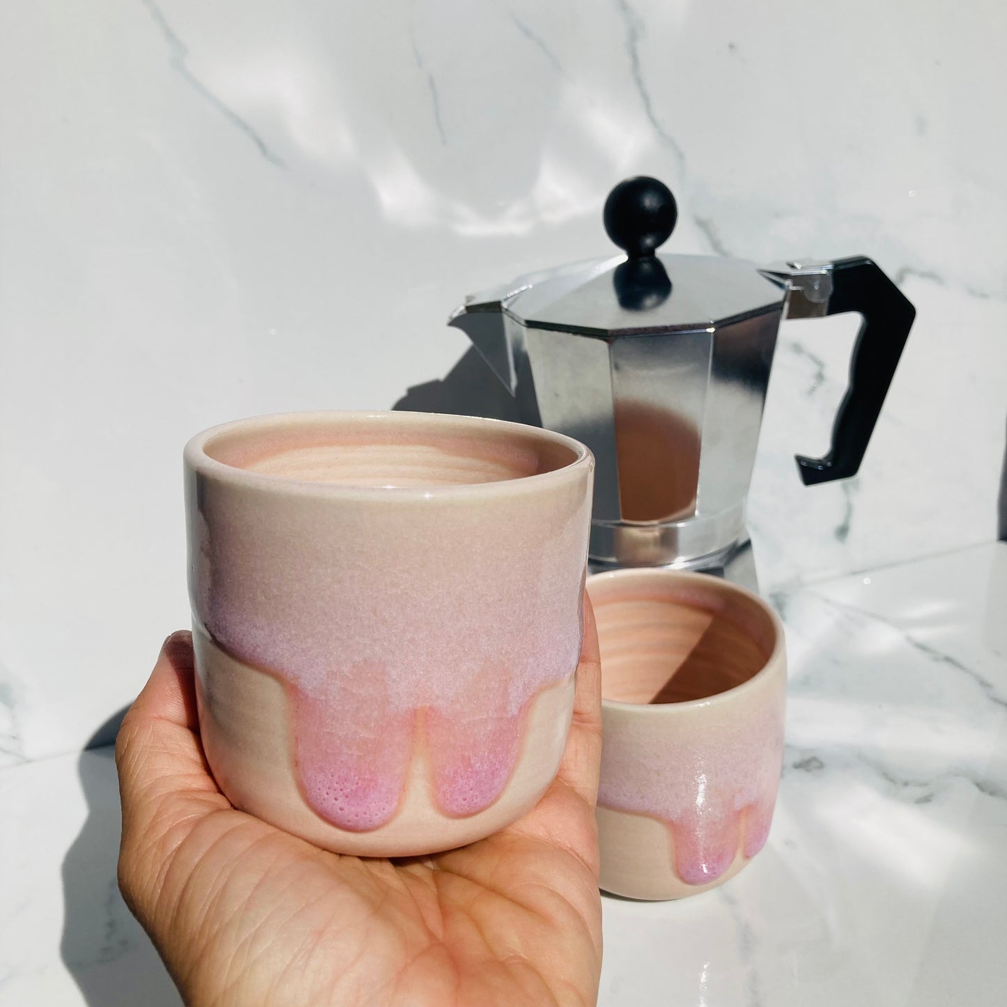 Blush pink drip glaze ceramic espresso and tea cup