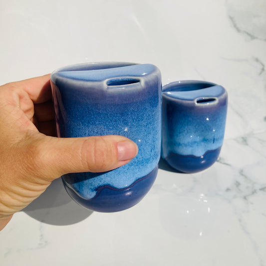 Non-toxic handmade ceramic travel mugs with dimpled grip and half sipping lid