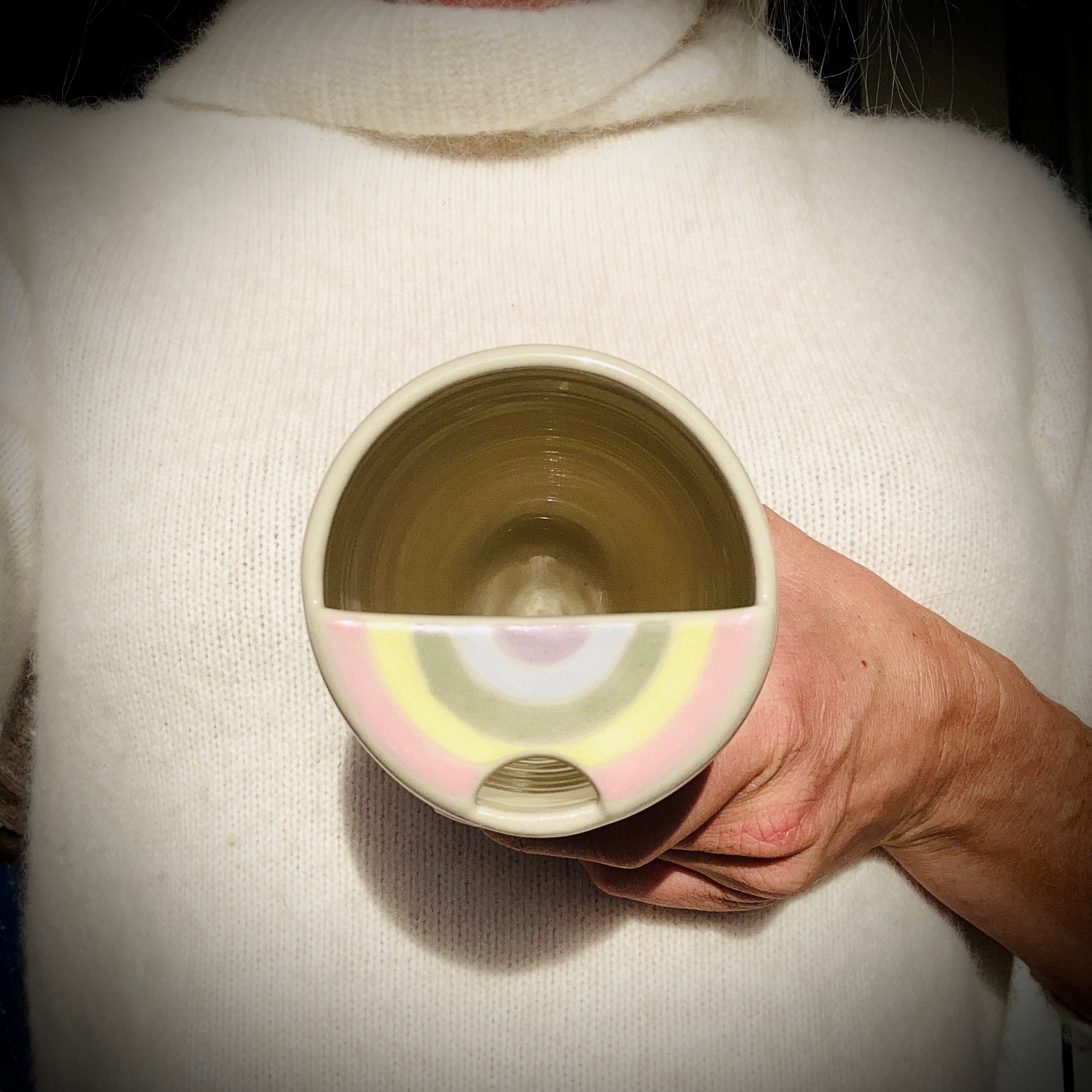 Nontoxic ceramic travel mug with a rainbow that is healthy & plastic-free